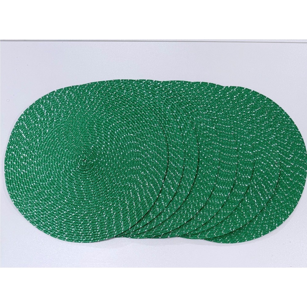 Round Braided Placemats 8pcs 15" Green Silver Heat Resistant Non Slip NEW V12